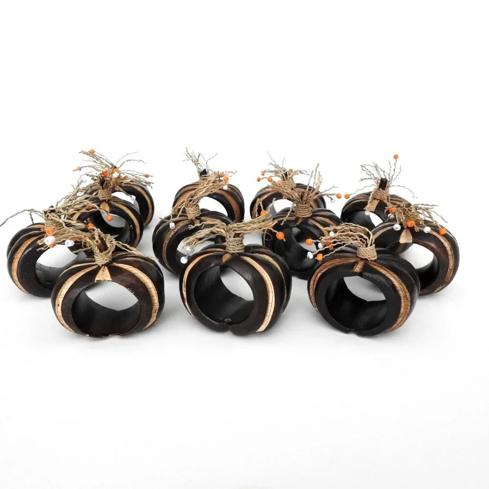 Carved Wood Pumpkin Napkin Rings Set of 8 Pier 1 Imports Beads